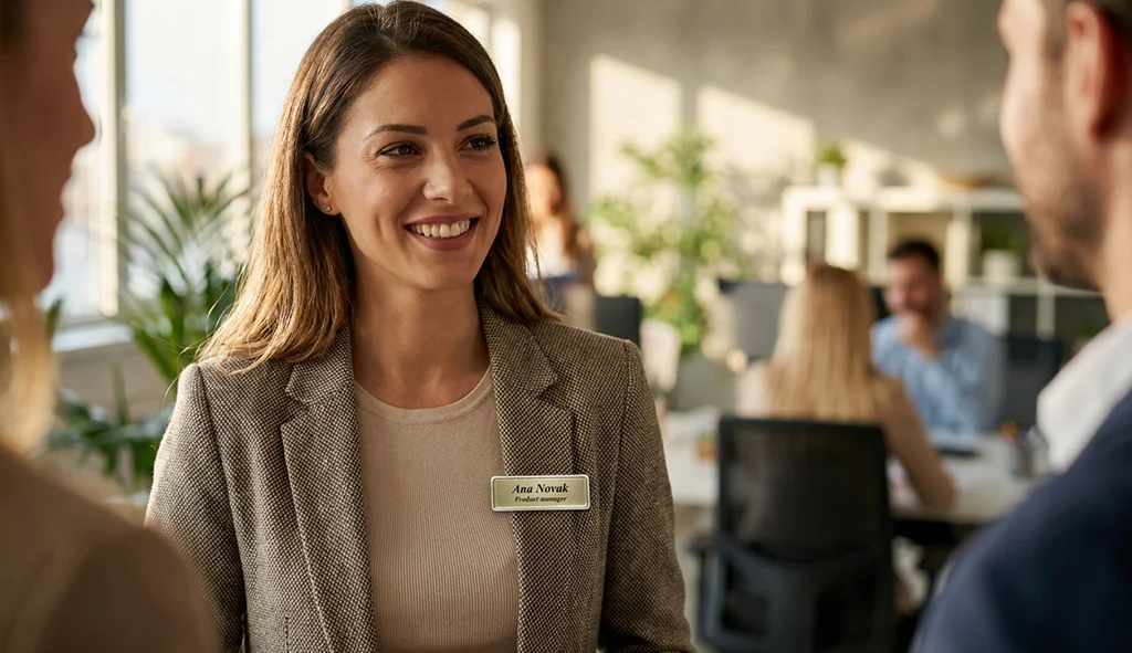 Name tag on corporative female in office