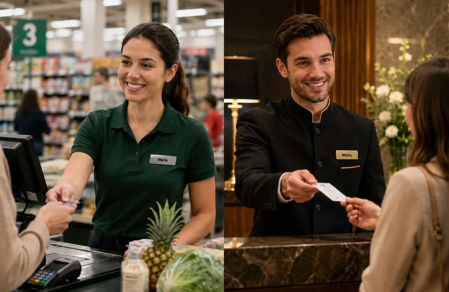 Name tags on clothes in supermarket and on hotel reception