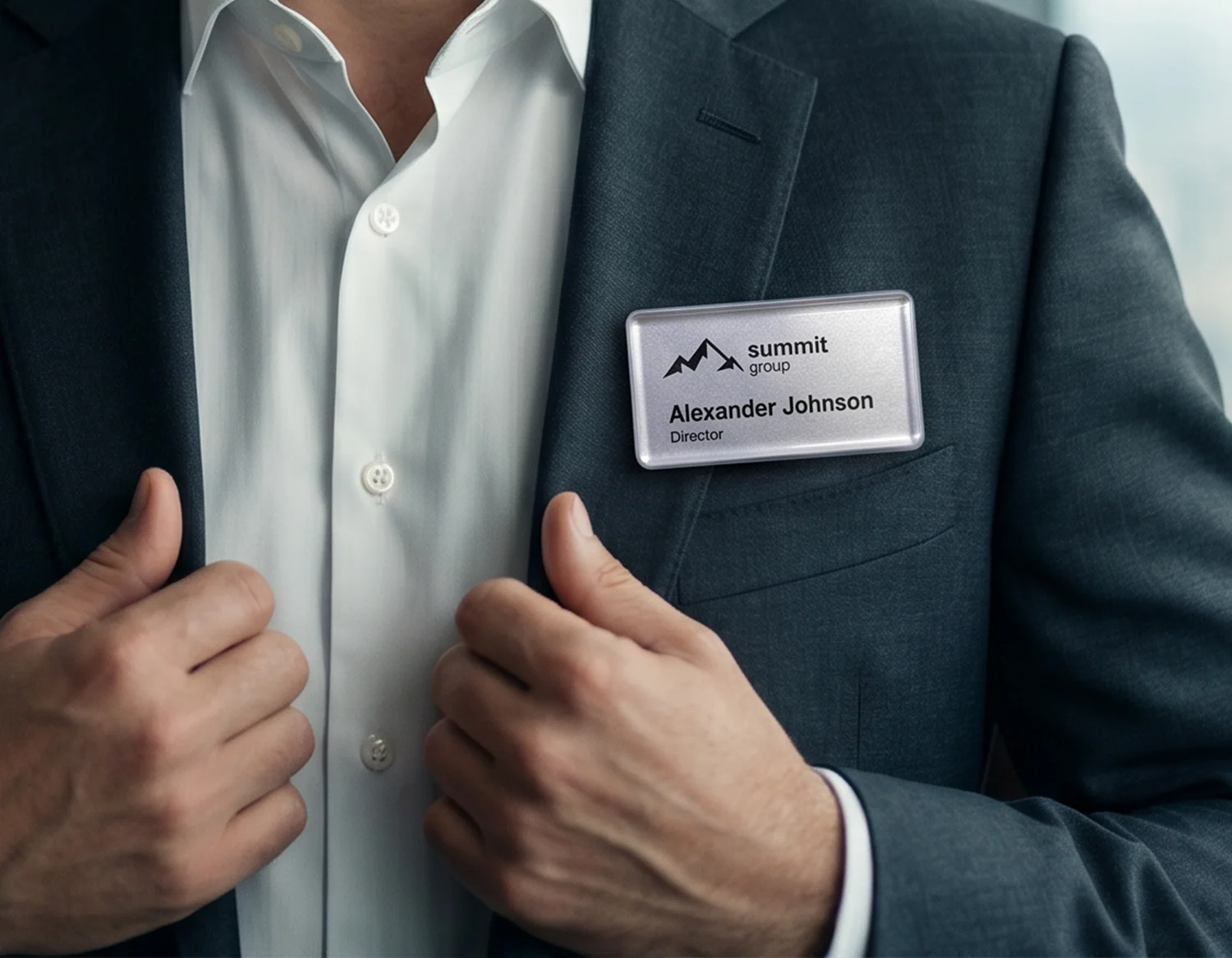 Name tag on suit of a man named Alexander Johnson
