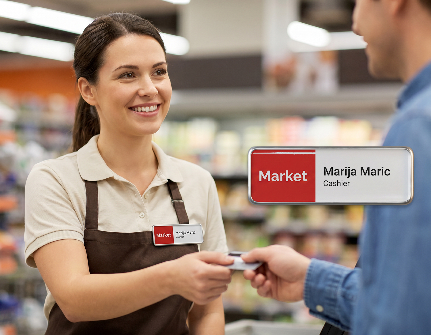 name tag on cashier's uniform